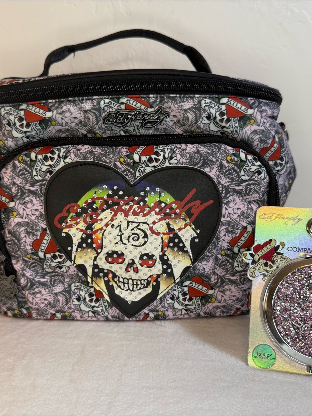 Ed Hardy Pink Skull Heart Travel Pouch with Rhinestone Detail
